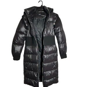 Akira Black Long Rib Waist Puffer Coat S Full Zip Detachable Hood/Sleeves Winter
